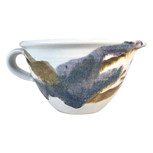 Vintage Studio Art Pottery Batter Bowl Stoneware Pitcher Taupe Blue Jug Drip Glaze
