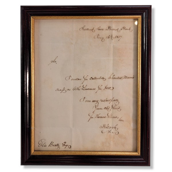 Antique Framed Bank Letter, Frederick Laurs Branch Bank, Elie Beatty Esquire, 1817 Bank Document