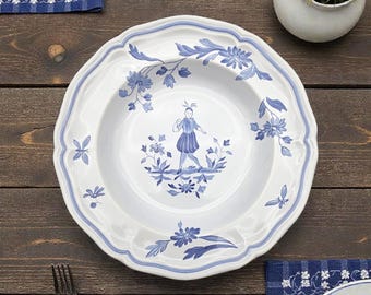 Longchamp Frankreich Moustiers Blue 9 "Rim Suppenschüssel, Vintage französisches Landhausgeschirr aus Porzellan