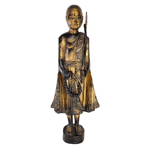 Vintage Asian Buddha, Carved Wood Buddhist, Monk Statue Gilding 30.5 in