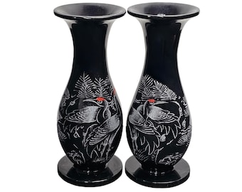 Pair of Black Vase, Marble Vase, Onyx Black Vase, Crane Bird Pattern Vase, Chinese Black Vase