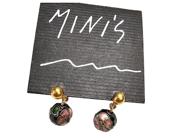 Vintage Cloisonné Dangle Earrings: Black Enamel Asian Style 1.75" x .75"