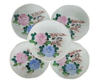 Cuencos de porcelana estilo Qing: diseño floral de pájaros, juego de 5 (4,1 cm de alto x 20 cm de profundidad)