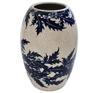 Vintage Chinese Vase, Large Crackled Vase, Tan Blue Vase, Porcelain Vase