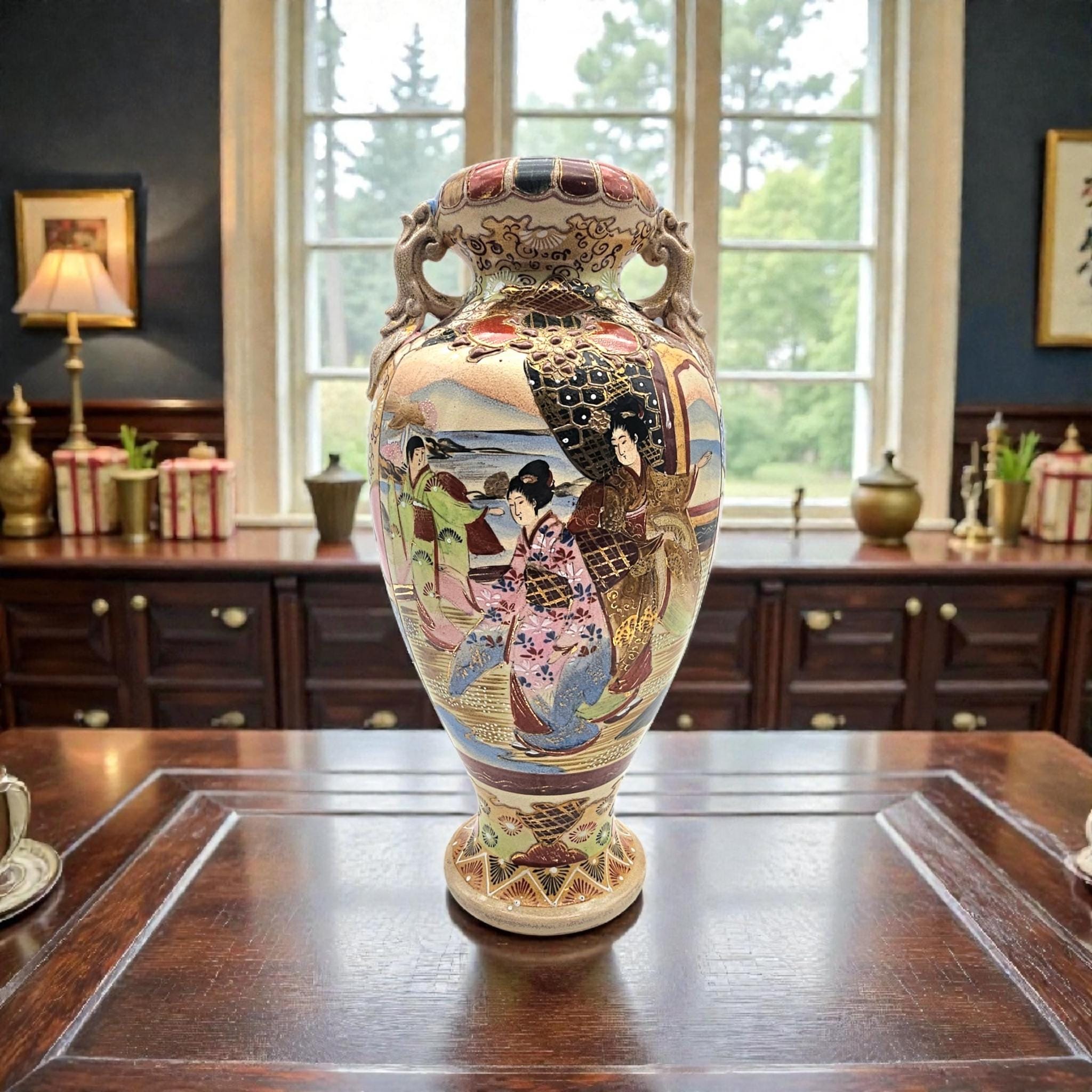 Vintage Japanese Satsuma-style Vase — 15.75