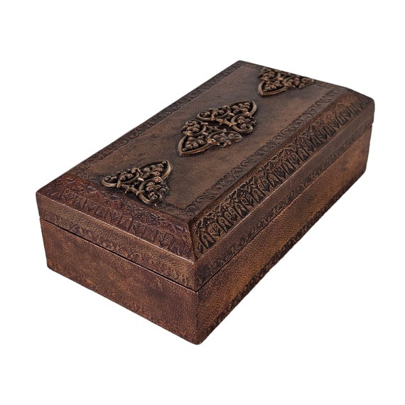 Vintage Tooled Leather Box, Jewelry Box, Wooden T… - image 2