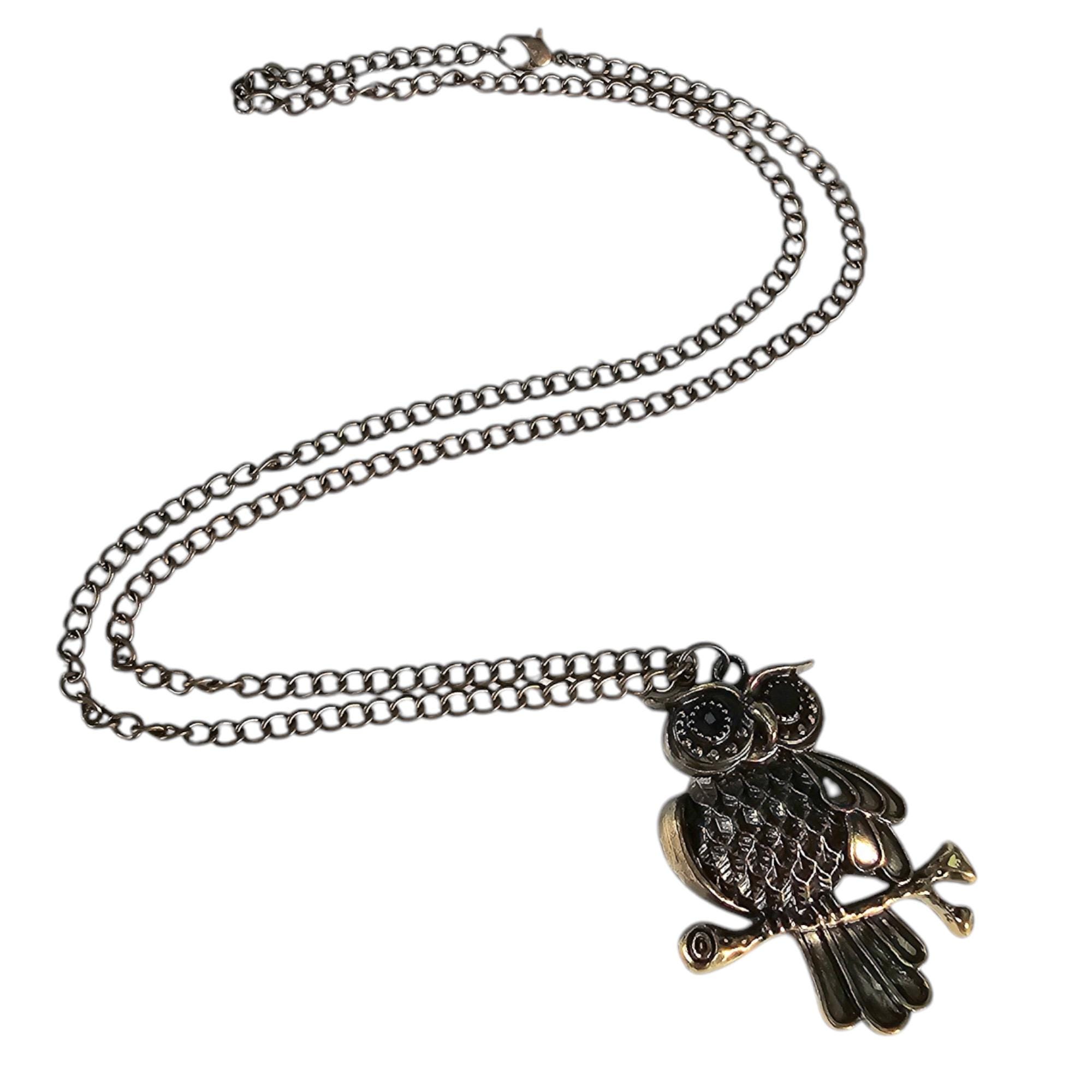 Vintage 1970's long Owl Pendant Necklace Gold Tone Night Owl Jewelry Bird  26"