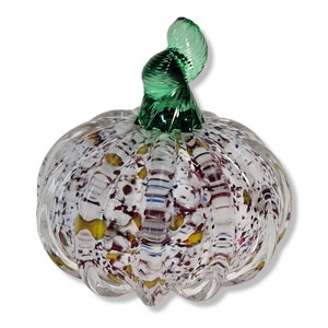Vintage Art Glass White Small Pumpkin, Coiled Stem Gourd,Hand Blown, Artisan Signed