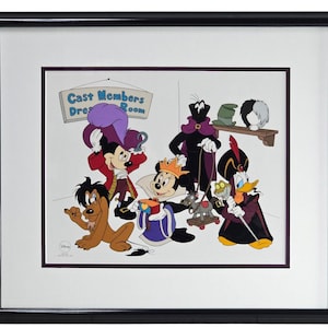 May include: A framed illustration of Disney characters dressed in costumes. Mickey Mouse is dressed as Captain Hook, Donald Duck is dressed as Jafar, Goofy is dressed as the Evil Queen, and Pluto is dressed as a lion. The sign above them reads "Cast Members Dress Room".