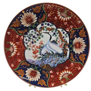 Vintage Kyoto Imari Crane Plate: Hand-Painted Japanese Porcelain Décor