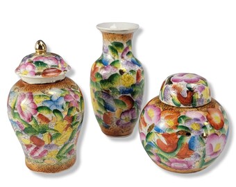 Vintage Chinese Floral Vases, Hand Painted Vase, Porcelain Ginger Jars, 24k Gold Vase, Set of 3 Vase