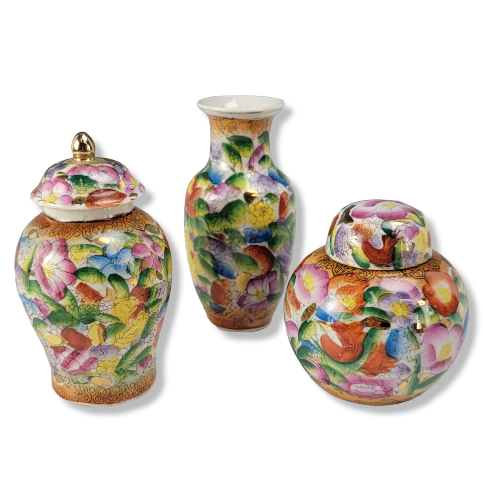 Vintage Famille Rose Porcelain Set Floral Vase & Ginger Jars