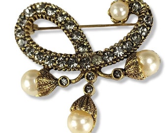 Vintage Rhinestone Brooch, Encrusted Faux Pearl Brooch, Antique Pin, Gold Finish Brooch