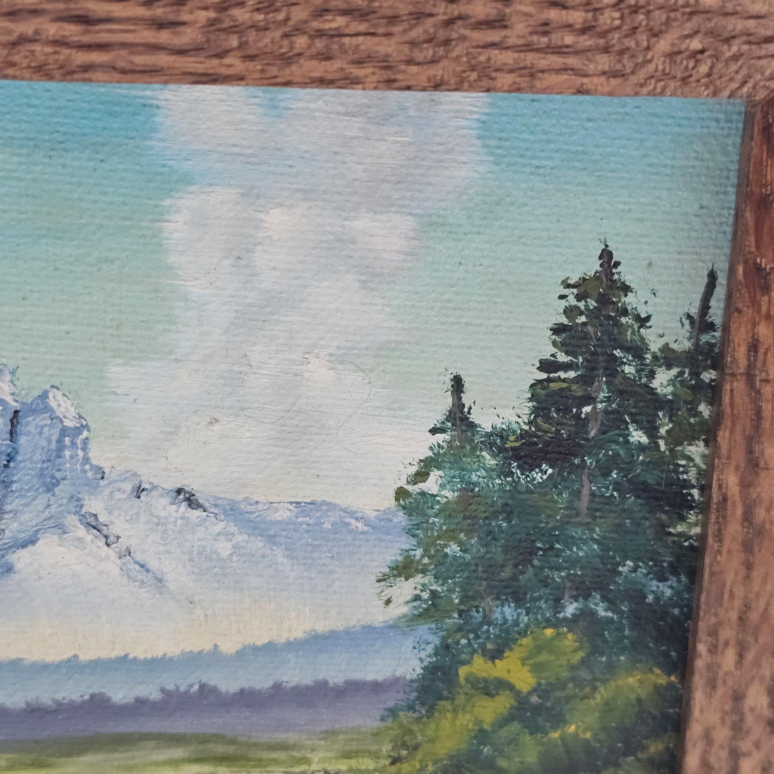 ヴィンテージ油絵：湖と山の風景、Corky作、額入りキャビンアート、幅