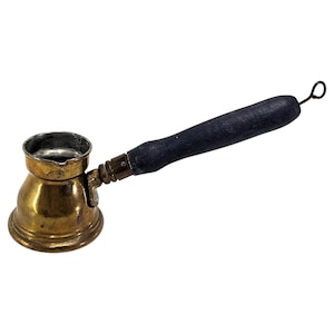 Vintage Turkish Brass Coffee Pot Cezve, Wood Handle Ibrik, Mid Century Cookware