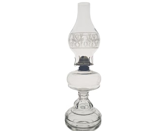 Vintage Eagle Etched Glass Oil Lamp With Clear Font, Burner & Chimney – Unused 18"H