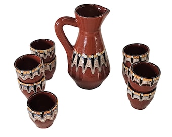 Vintage Bulgarian Pitcher, Troyan Pitcher And Cups, Red Feather Design, Set 9 Cups 12 oz