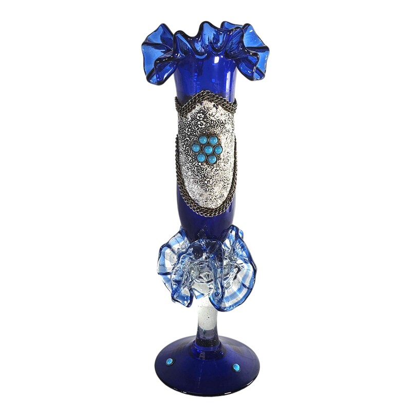 Vintage Ruffle Vase, Cobalt Blue Vase, Turkish Glass Vase, Silver Over-Lay Jeweled Ombre Vase 11 image 2