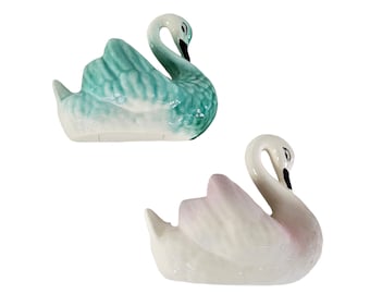 Mid Century Swan Figurine,  Pair of Swan, Wall Pocket Swan, Wall Hanging Swan, Pink Swan Planter