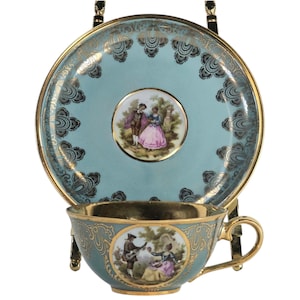Vintage Hutschenreuther Rococo Demi Tasse Cup & Saucer: Turquoise 24k Gold Bavaria Porcelain