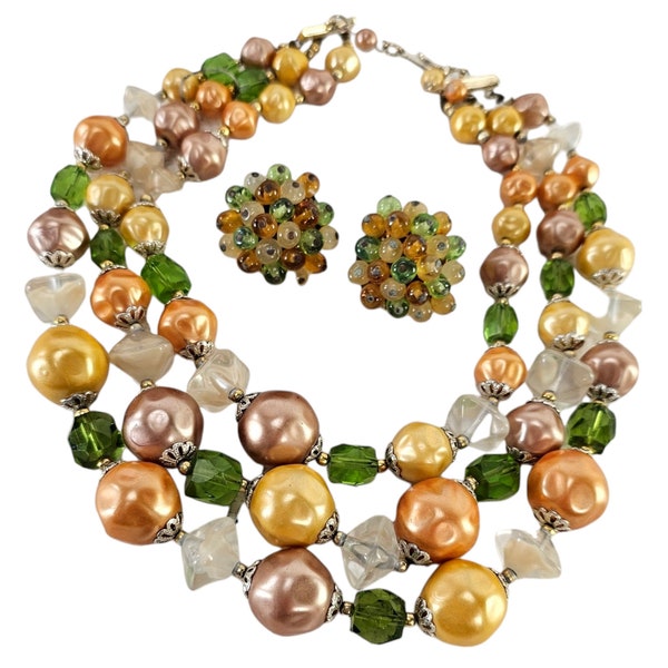 Vintage 3-Strand Necklace, Beaded Earrings, Beaded Peach Lime Jewelry, Baroque Faux Pearls Necklace and Earrings Set 1960's