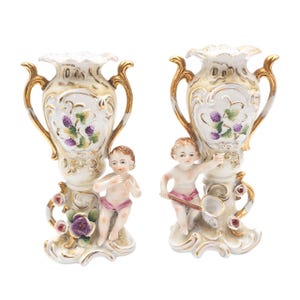 Vintage Porcelain Cherub Urn Vases, Italian Rococo Style, Japan Figurine Pair, Gilt Floral Hand-Painted Décor