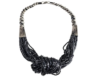 Vintage Dark Silver Necklace, Beaded Necklace, Seed Beads Necklace, Bronzed Silver Alloy