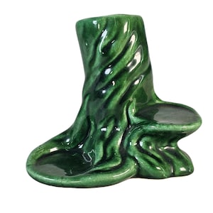 Art Pottery Tree Trunk Vase and Sitter Art Deco Style Majolica Green 5&quot;