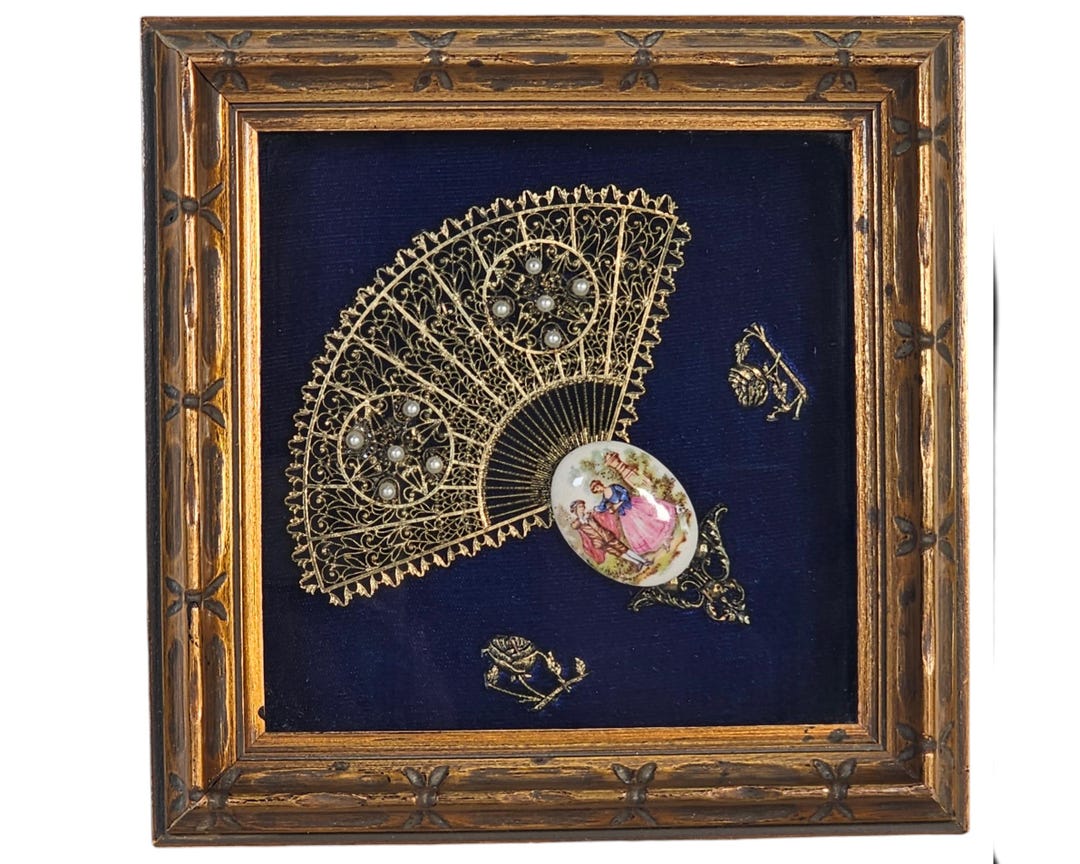 Fan Shadow Box Vintage Fragonard Decorative Fan Shadow Box Framed Wall Art Metal Pearl ...