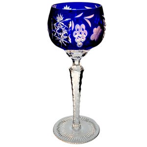 Nachtmann Saphire Blue Lead Crystal Wine Glass: Grapes Floral Cut, 8.5&quot; Vintage Stemware