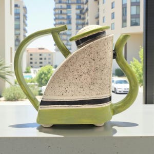 D Kite Postmodern Studio Ceramic Teapot Geometric Green Signed 7.5"