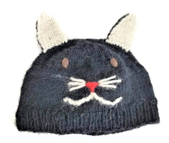 Hand Knit Kids Cat Ear Hat Cap Beanie Embroidered