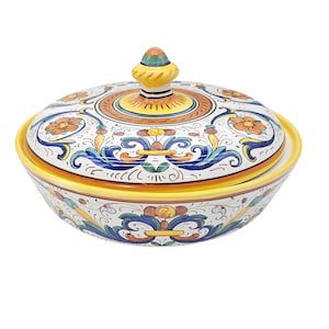 Deruta Sberna Raffaelesco Covered Bowl 8", Hand Painted Italian Pottery, Artisan Lidded Dish, Traditional Faience Ceramics