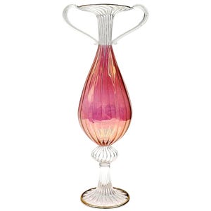 1940 Murano Cranberry Gold Hand-Blown Art Glass Vase With Handles, Venetian Glass Décor, Vintage Italian Table Centerpiece