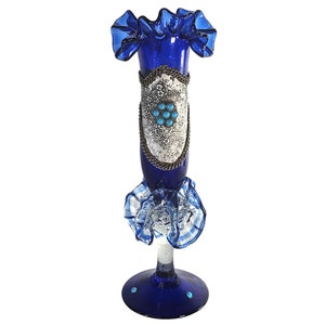 Vintage Ruffle Vase, Cobalt Blue Vase, Turkish Glass Vase, Silver Over-Lay Jeweled Ombre Vase 11 image 1