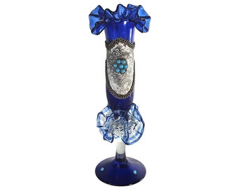 Vintage Ruffle Vase, Cobalt Blue Vase, Turkish Glass Vase, Silver Over-Lay Jeweled Ombre Vase 11"