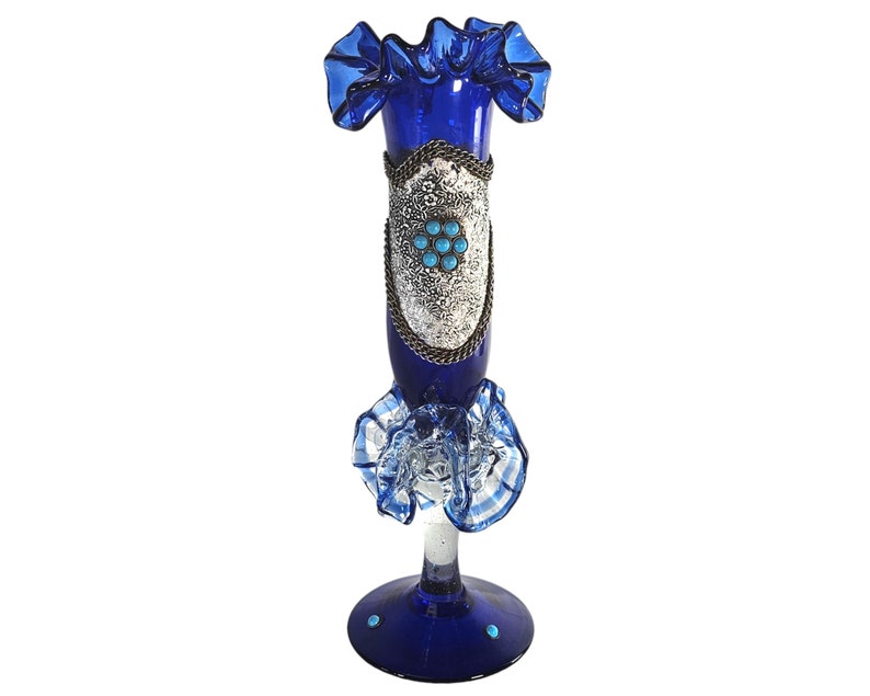 Vintage Ruffle Vase, Cobalt Blue Vase, Turkish Glass Vase, Silver Over-Lay Jeweled Ombre Vase 11 image 1