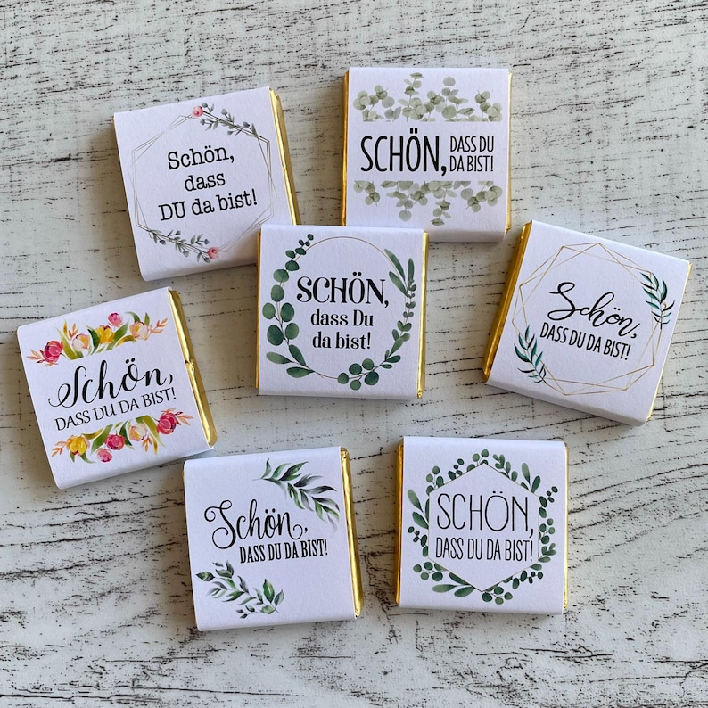Schokotäfelchen mit Aufdruck (Schön, dass Du da bist!) in verschiedenen Designs