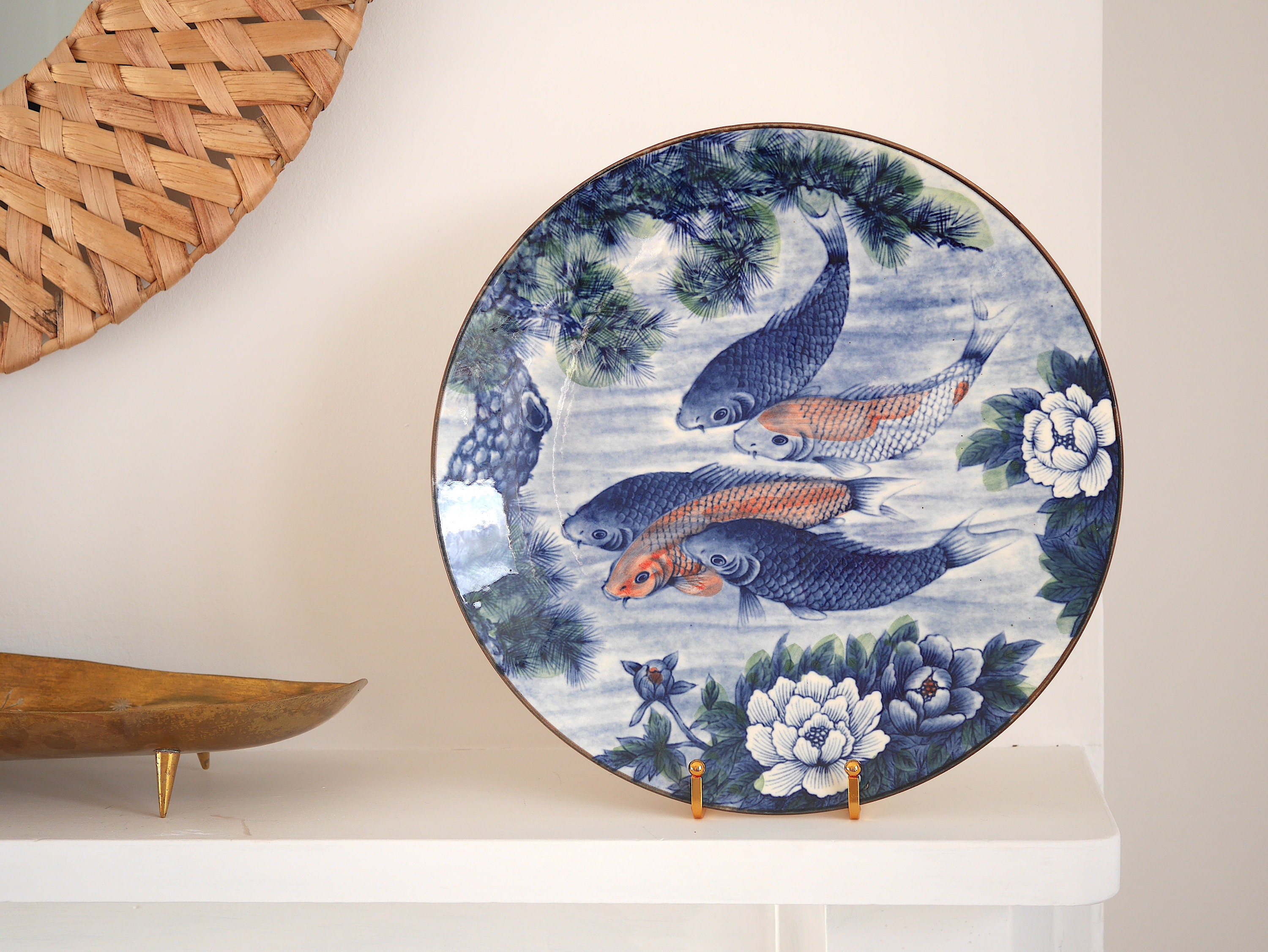 Vintage Japanese Koi Carp Display Plate by Sun Ceramics, Blue and ...
