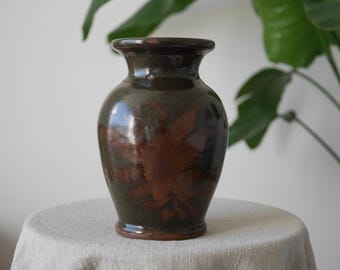 Rust Brown Studio Pottery Vase, Tenmoku Style Stoneware, Handmade Flower Motif Vase, Signed PB, Rustic Earthy Decor