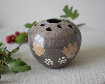 Vintage Studio Pottery Flower Frog Vase, Oak Leaf Motif, Brown Speckled Glaze, Handmade Bud Vase, Small Rustic Decor