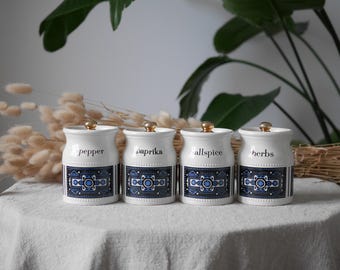Robert Stewart Scotland Spice Jars Set Of 4, Mid Century Ceramic Canisters, Pepper Paprika Allspice Herbs, Blue Patterned Kitchen Storage