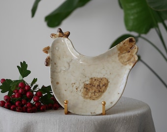 Chicken Shaped Pottery Plate, Cream and Caramel Glaze, Rustic French Country Style, Handmade Look Decorative Dish, Farmhouse Kitchen Decor