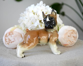 Vintage Ceramic Boxer Dog Figurine, Glazed Animal Sculpture, Mid Century Decorative Ornament
