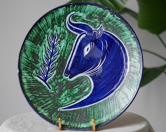 Vintage Taurus Wall Plate With Blue Bull, Hand Painted Mediterranean Folk Art Ceramic, Rustic Animal Home Decor, Made in Cyprus