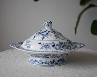 Antique English New Stone Covered Serving Dish With Stand, Bombay Japan Pattern, Blue & White Transferware