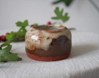 Handmade Studio Pottery Tealight or Votive Holder, Brown and Oatmeal Drip Glaze, Small Candle Cup, Signed BH, Minimal Shelf Decor