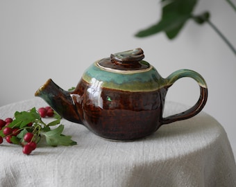 Rustic Handmade Pottery Teapot, Brown and Green Glaze, Naive Folk Art Style, Vintage Decorative Teapot, Studio Pottery Feel