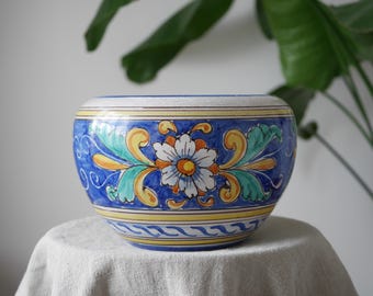 Vintage Italian Majolica Bowl by Fusco Alfonso Amalfi, Hand Painted Ceramic Cachepot with Blue Floral Design, 25cm Planter Pot
