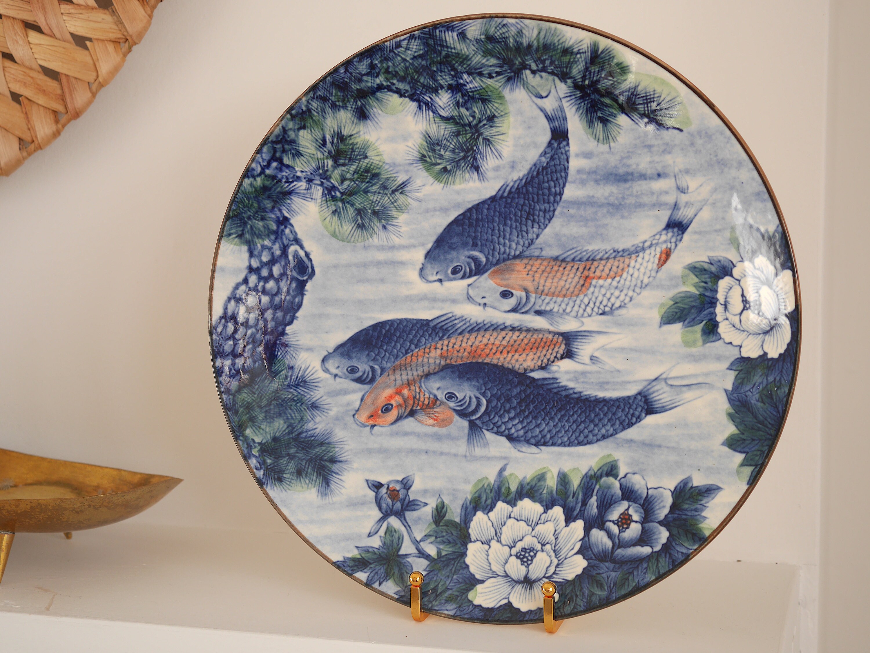 Vintage Japanese Koi Carp Display Plate by Sun Ceramics, Blue and ...